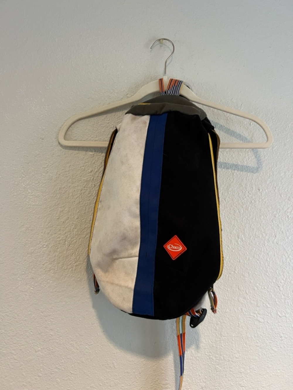 Chaco Sling Backpack in Black, White & Blue with Yellow Trim